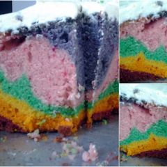 A picture of Rainbow cake with vanilla buttercream icing..