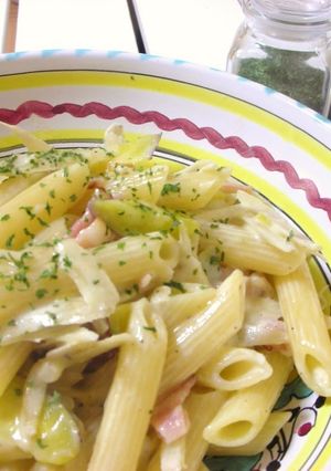 A picture of Creamy Pasta With Burdock Root and Sweet Potato.