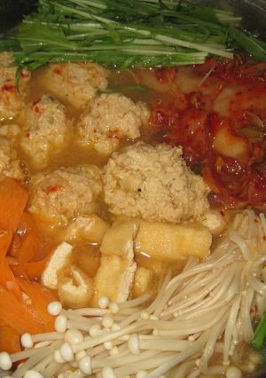 A picture of Homemade Kimchi Hot Pot with Fluffy Tofu Meatballs.