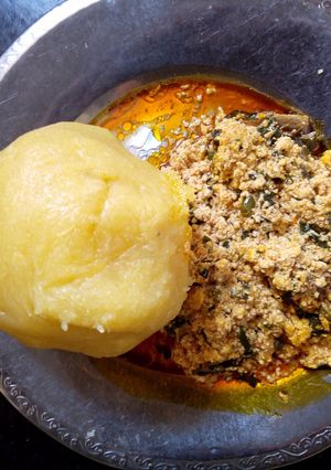 A picture of Melon soup and yellow Eba.