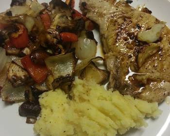 Fresh, Serving Recipe Pork chop mashed potato and roasted veg Restaurant Style