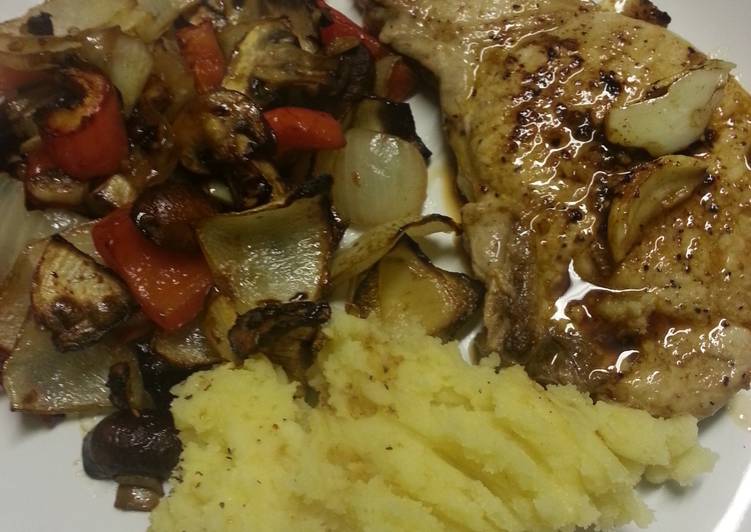 Pork chop, mashed potato and roasted veg