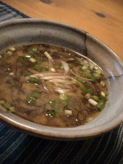 A picture of Miso Soup with Mozuku Seaweed and Myoga Ginger.