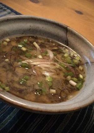 A picture of Miso Soup with Mozuku Seaweed and Myoga Ginger.