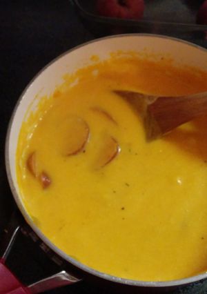 A picture of Butternut Squash Soup with Chicken or a Mild Sausage.