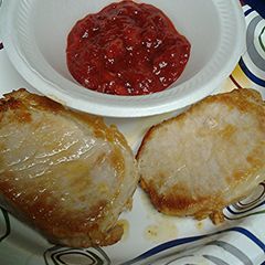 A picture of Pork loin with strawberry ketchup.