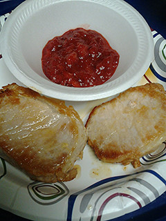 A picture of Pork loin with strawberry ketchup.