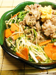 A picture of Quick Simmered Shabu-Shabu Pork and Mizuna Greens.