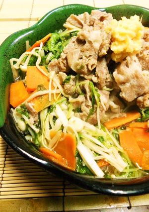 A picture of Quick Simmered Shabu-Shabu Pork and Mizuna Greens.