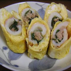 A picture of For Bentos: Tamagoyaki with Tuna and Chikuwa Fish Paste Sticks.