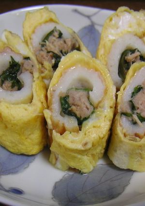 A picture of For Bentos: Tamagoyaki with Tuna and Chikuwa Fish Paste Sticks.