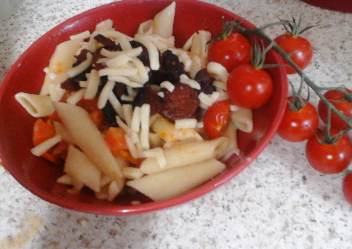 My Chorizo Pasta with Mozzarella Grated on Top  😀