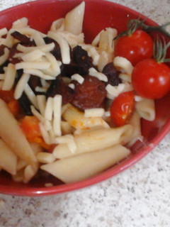 A picture of My Chorizo Pasta with Mozzarella Grated on Top 😀.