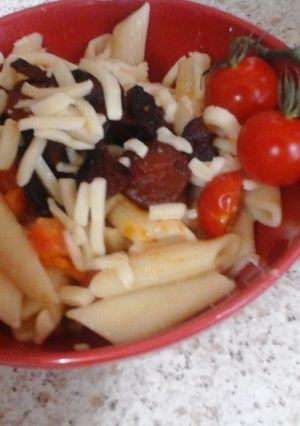 A picture of My Chorizo Pasta with Mozzarella Grated on Top 😀.