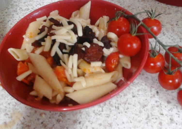 My Chorizo Pasta with Mozzarella Grated on Top  π