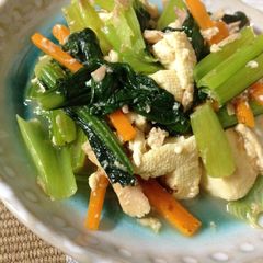 A picture of Firm Tofu, Komatsuna & Tuna Stir-Fry.