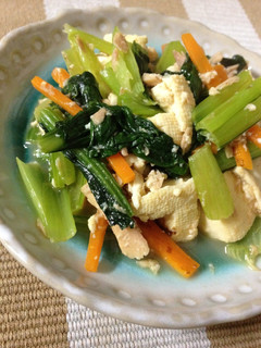 A picture of Firm Tofu, Komatsuna & Tuna Stir-Fry.