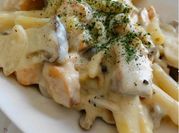 A picture of salmon with pasta
