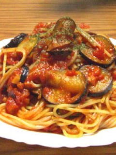 A picture of Tomato Spaghetti with Eggplant and Zucchini.