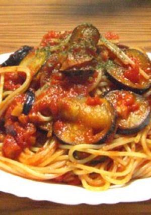 A picture of Tomato Spaghetti with Eggplant and Zucchini.