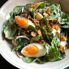 A picture of Baby Spinach & Boiled Egg Salad with Creamy Sesame Dressing.