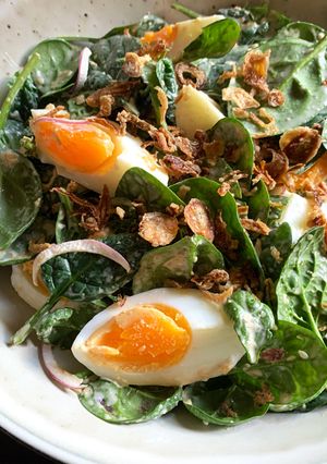 A picture of Baby Spinach & Boiled Egg Salad with Creamy Sesame Dressing.