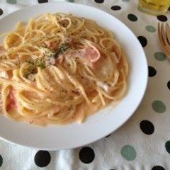 A picture of Pasta Carbonara with Tomato, Milk and Whole Eggs.