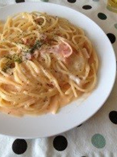 A picture of Pasta Carbonara with Tomato, Milk and Whole Eggs.