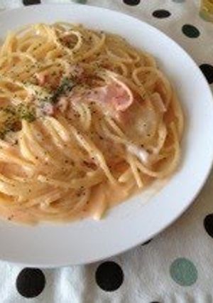 A picture of Pasta Carbonara with Tomato, Milk and Whole Eggs.