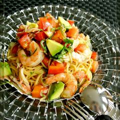 A picture of Chilled Tomato, Avocado and Shrimp Pasta With Japanese Seasonings.