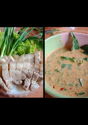 รูปของ เมี่ยงหมูสามชั้น น้ำจิ้มถั่ว