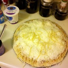 A picture of Chicken Bacon Spaghetti Pizza.