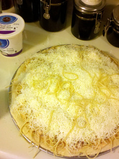 A picture of Chicken Bacon Spaghetti Pizza.
