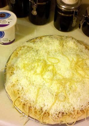 A picture of Chicken Bacon Spaghetti Pizza.