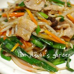 A picture of Pork Belly, Chinese Chives, and Bean Sprouts with Sauce.