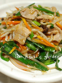 A picture of Pork Belly, Chinese Chives, and Bean Sprouts with Sauce.