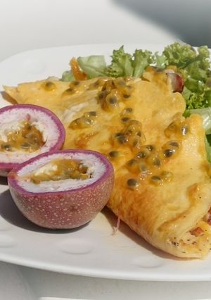 A picture of Edam Cheese With Apricot And Almond Omelette.