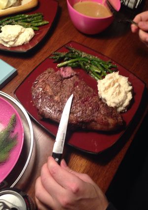 A picture of Oven Roasted Ribeye W/ Shallot Bleu Cheese Sauce.
