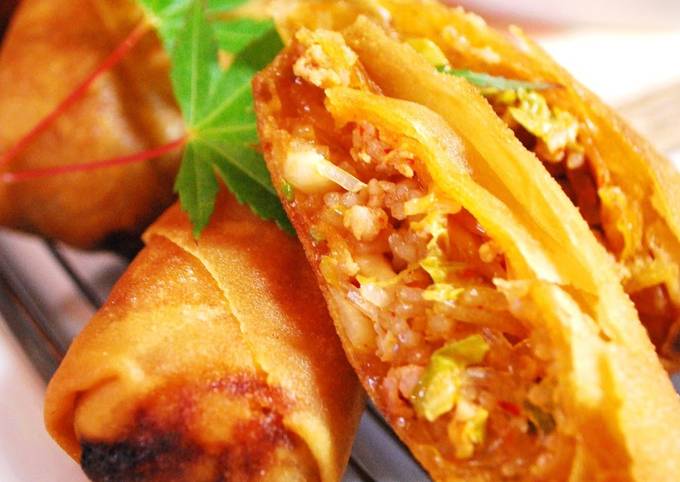 Steps to Make Favorite Seriously Tasty Crispy Pork and Kimchi Spring Rolls