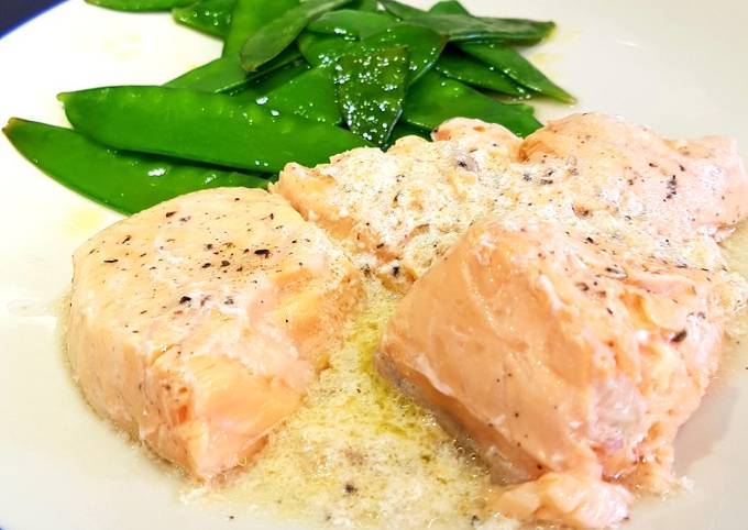 Sous vide salmon in a butter, ginger and lemon sauce