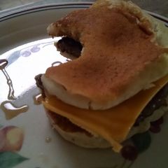 Maple-coconut pancake sandwich A picture of Maple-coconut pancake sandwich.