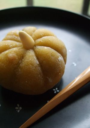 A picture of Halloween Wagashi - Kabocha Squash Mochi.