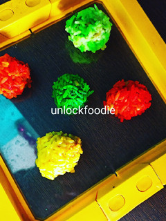 A picture of Steam, Colourful Rice balls.