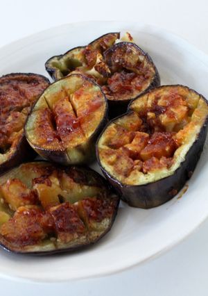 A picture of Summer Eggplant with Soy Sauce Malt and Ketchup Sauce.