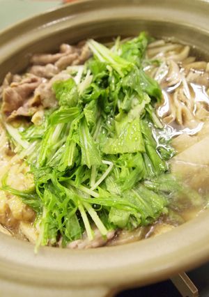 A picture of Mizuna Greens, Pork, and Daikon Radish Harihari Hot Pot.