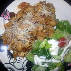 A picture of chicken and bell pepper shells.