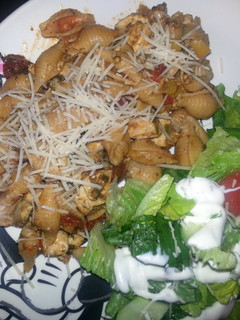 A picture of chicken and bell pepper shells.