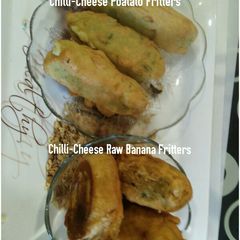 A picture of Chilli-cheese stuffed potato & raw banana fritters.