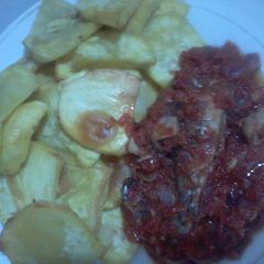 A picture of Fried potatoes and fish sauce.