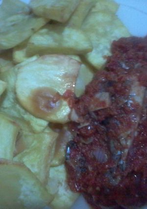 A picture of Fried potatoes and fish sauce.